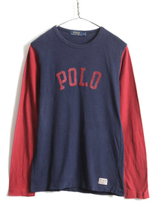 希少サイズ S ■ POLO ポロ ラルフローレン ビッグロゴ フロッキー プリント 長袖 ベースボール Tシャツ ( 男性 メンズ ) 古着 ロンT 紺 赤