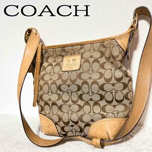 美品COACH コーチショルダーバッグハンドバッグシグネチャー総柄ブラウン茶