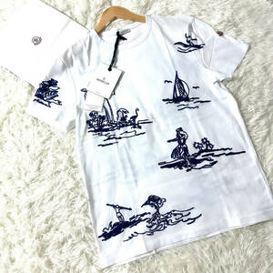 未使用級MONCLER半袖TシャツXL.LL～Lポイント袖ロゴワッペンハワイ刺繍認証済み確実正規品白ホワイト爽快コットン綿大きいポロモンクレール