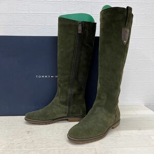 和508★ 箱付 TOMMY HILFIGER トミーヒルフィガー ロングブーツ シューズ スエードレザー 37 グリーン レディース サイドジップ