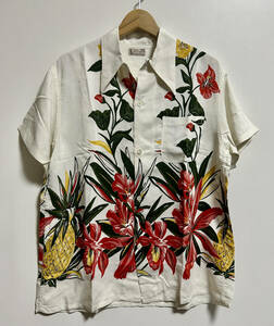 美品▽DENIME ドゥニーム ALOHA HAWAIIAN Dream レーヨン アロハシャツ 半袖シャツ M 白 パイナップル HAND PRINT ハンドプリント 日本製