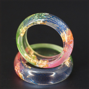 [RING] Resin Gold Leaf Vein カラフル 葉っぱ 葉脈 金箔 ゴールド 入り ハンドメイド 7mm 甲丸 透明 クリスタル レジン リング 13号