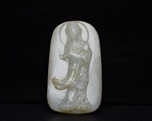 ▽鴻▽ 和田玉製 細密彫 觀音玉牌 置物 古賞物 中国古玩 中国古美術