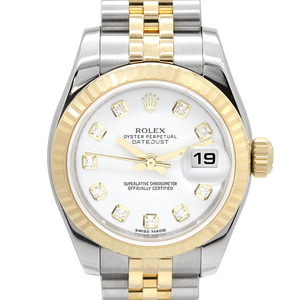 ロレックス ROLEX デイトジャスト 179173G ホワイト文字盤 ランダム SS/YG 10Pダイヤ レディース腕時計 自動巻き