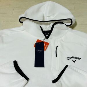 新品◆キャロウェイ Callaway ロゴプリント WARM 保温 プルオーバー フリース パーカー/ホワイト/サイズLL