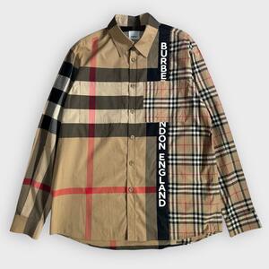 現行 美品 BURBERRY バーバリー ノバチェック パッチワーク シャツ 長袖 メガチェック メンズM (日本XL相当） ベージュ