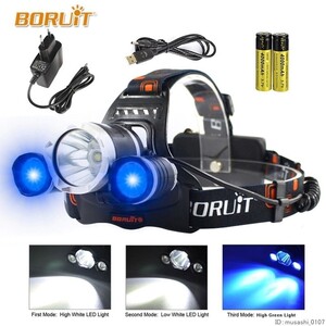 BORUIT CREE XML T6 XM L L2 LED ヘッドランプ青色光 18650 充電式防水ヘッドトーチ懐中電灯ヘ uz-1174