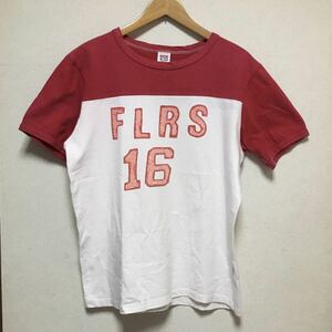 送料込 日本製 BARNS outfitters 切替 プリントT Mサイズ 白 赤 美中古 バーンズ アウトフィッターズ Tシャツ 半袖 アメカジ 古着