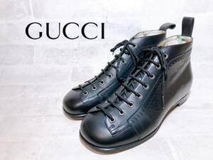 正規品【極美品】GUCCI グッチ 最高級 レザーブーツ 本革 黒 ハイカットスニーカー 革底 レザーソール UK6（約24.5cm）メンズ