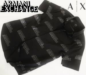 新品★アルマーニ★シックな 総柄 ブラック 半袖シャツ★ブラック ロゴプリント★ストレッチ スリム 黒&黒 XL★ARMANI☆344