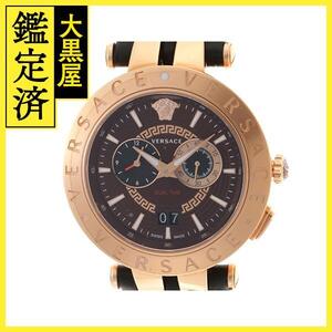 VERSACE　Vレースデュアルタイム　VEBR00722　ブラウン文字盤　クオーツ　GP・SS/革ベルト　2148103738883　【205】