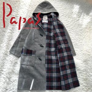 1円【極美品 XL LL相当】Papas パパス ダッフルコート ウール ロング タータンチェック グレー トグル ロゴ刺繍 肉厚 極暖 フード 英国調