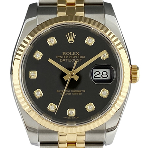 ロレックス ROLEX デイトジャスト 10Pダイヤ 116233G 腕時計 SS YG ダイヤモンド 自動巻き ブラック メンズ 【中古】