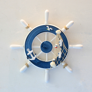 壁掛けオブジェ 置物 船の舵 マリン風 木製 (大サイズ, ブルー)