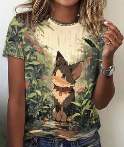 ★猫プリント クルーネック Tシャツ 春夏 カジュアル 半袖 Tシャツ 婦人服　可愛い　ねこ　M