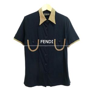 美品 FENDI フェンディ サイズI44 ぺカン柄切り替え フェイクポケット 半袖 シャツ ブラウス 黒 ブラック