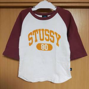 希少☆ステューシー七分袖ラグランTシャツS/3T90cm白エンジ朱色ORANGEオレンジSTUSSYキッズ綿100％こども女の子95cm100cm半袖Tシャツ七分丈