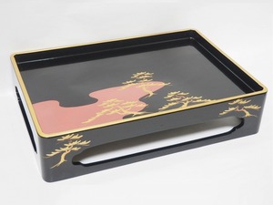 C0195 黒塗 金松図 屠蘇台 ☆ 幅39.5㎝ 屠蘇具 屠蘇器 漆器 漆芸 蒔絵 金彩 神具 茶懐石 茶事 盆 台 飾り台 飾台 正月 年末年始 縁起物