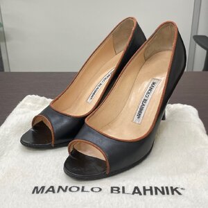 ■MANOLO BLAHNIK マノロブラニク パンプス レディース 34 1/2 オープントゥ ハイヒール 黒 ブラック 赤 レッド 中古■