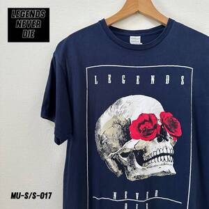 LEGENDS NEVER DIE スカル＆ローズTシャツ　Lサイズ　ネイビー　薔薇　髑髏