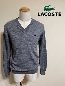 【良品】 LACOSTE ラコステ Vネック ウール セーター トップス サイズ4 (US:M) 長袖 ネイビーグレー 日本製 AH987E 毛100%