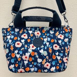 □45−2224 良品 Kipling キプリング レディース 2way ショルダーバッグ 斜めがけバッグ ハンドバッグ 花柄 青系 ブルー系 小さめ ミニ