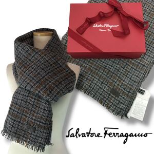 t164 新品 未使用 Salvatore Ferragamo サルヴァトーレフェラガモ カシミヤ ニット ロング マフラー ツイード チェック柄 正規品 ストール