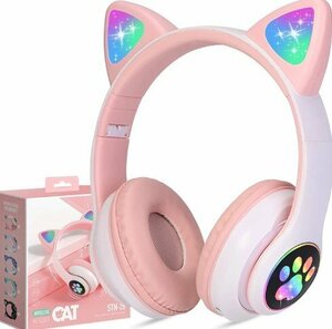 【ジャンク品】QearFunXD 猫耳 Bluetooth ヘッドホン ン マイク内蔵 ヘッドセット STN-28 ピンク