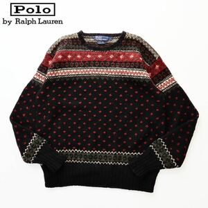 ビンテージ 90s Polo by Ralph Lauren ラルフローレン フェアアイル柄 シェットランドウールハンドニット L ブラック系 セーター 総柄