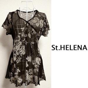 St.HELENA◆黒 花柄 シースルー シフォン チュニック ウエストリボン フリル ミニワンピ 個性的 エレガント ミニワンピ 重ね着 パーティー