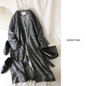 2.1万☆超美品☆シェアパーク SHARE PARK☆グレンチェック ベルト付き ノーカラーコート 1サイズ☆M-S 6246