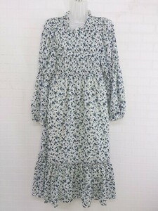 ◇ MOUSSY マウジー 花柄 シャーリング 長袖 ロング ワンピース サイズ1 ライトグリーン系 ネイビー マルチ レディース P