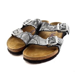 ビルケンシュトック BIRKENSTOCK ARIZONA サンダル パイソン型押し レザー 24.5cm シルバー色 黒 ブラック /AK29 レディース