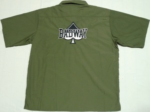 新品BADWAYバッドウェイ半袖[SpadeMilitaryBroadclothshirt]TCツイルワークシャツLカーキ背面刺繍\7500