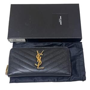 SAINT LAURENT PARIS サンローランパリ ラウンドファスナー 長財布 YSLロゴ レザー ブラック ゴールド金具 良品