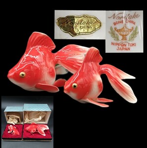 【A1261】Noritake オールドノリタケ ボーンチャイナ 金魚 一対 縁起物 置物 日本陶器 フィギュリン オブジェ 彫刻 アンティーク 元箱