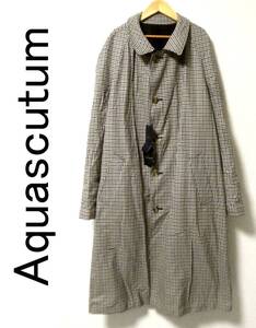 新品 定価20万 英国製 Aquascutum アクアスキュータム ガンクラブチェック リバーシブル ステンカラーコート バルマカーン ロング 42 紺