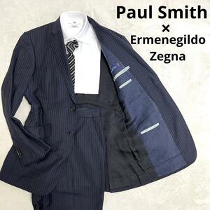 【極上の逸品】523 Paul Smith ポールスミス × Ermenegildo Zegna エルメネジルド ゼニア セットアップスーツ ネイビー L ストライプ