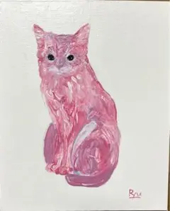 【毎日値下げ】ピンク猫　絵画　イラスト　ドローイング