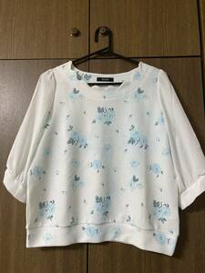 BEGUM ビーガム　カットソー　プルオーバー 花柄　シフォン　シースルー　白　青　七分袖　M used