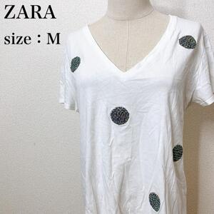 ZARA Trafaluc TRF ザラ トラファルック カジュアル 半袖 Tシャツ ビーズドットVネックカットソー シンプル フレンチスリーブ ま24