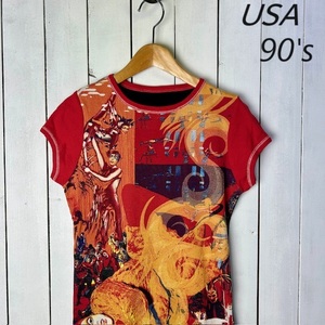 T●339 USA古着 90s～ 道化師サーカス柄 フライスチビTシャツ S～M オールド ヴィンテージ アメリカ古着 スキニーTシャツ タイト