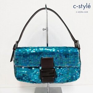 O782b [人気] FENDI フェンディ マンマバケット ターコイズブルー系 ハンドバッグ スパンコール 鞄 | ファッション小物 K