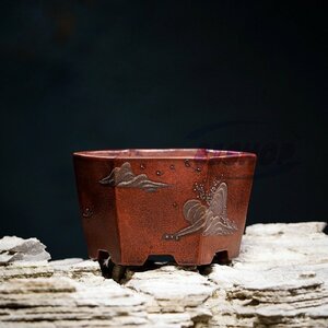 「81SHOP」 宜興紫砂の鉢★植木鉢 盆栽鉢 手作りの六角鉢