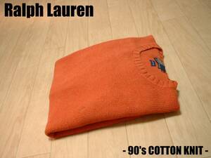 POLO by RALPH LAURENワンポイントコットンニットセーターLLオレンジブラウンXL正規ポロバイラルフローレンクルーネック90sビンテージ