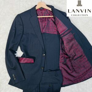 【極美品】ド派手裏地!L相当!ランバンコレクションLANVIN COLLECTIONスーツセットアップ濃紺ネイビーストライプウール背抜き夏シャドーロゴ