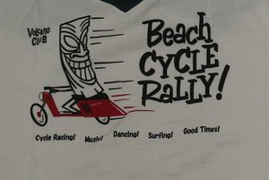 ST90クッシュマンCUSHMAN古着BEACH CYCLE RALLY両面プリントTシャツ切り替えTシャツ緑系ｘクリーム系Tシャツ染み込みプリントTシャツM