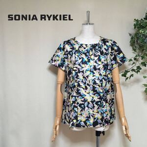 【美品】SONIA RYKIEL ソニアリキエル エンジェル プリント 半袖 プルオーバー ブラウス 38/Mサイズ ブラック レディース トップス 日本製