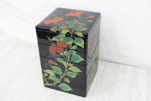 【行董】5段重 琉球漆器 漆器 沖縄 ハイビスカス 漆芸 伝統工芸品 アンティーク 漆芸 重箱 黒系 おせち ※ヤマト運輸※ AS700ABY59