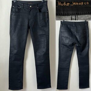 ★USED品 NudieJeans ヌーディージーンズ THIN FINN シンフィン BLACK 2 BLACK コーティング ストレッチ ブラック デニム パンツ W31 L32